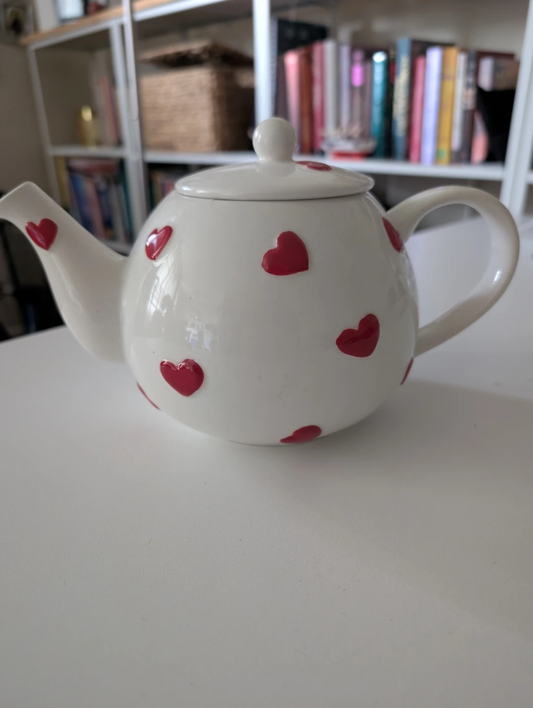 White Ceramic Teapot with Red Hearts