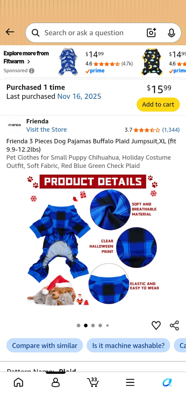 Frienda Dog Pajama Set - Buffalo Plaid, XL 🏈