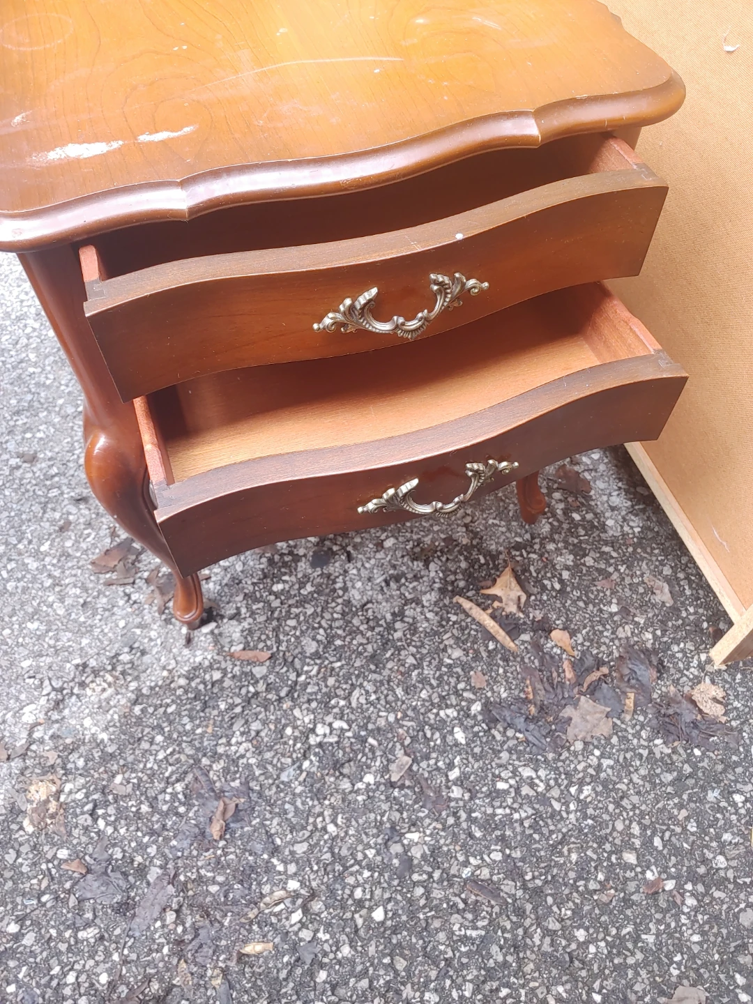 Vintage Wooden Side Table with Drawers and Wheels - photo 2