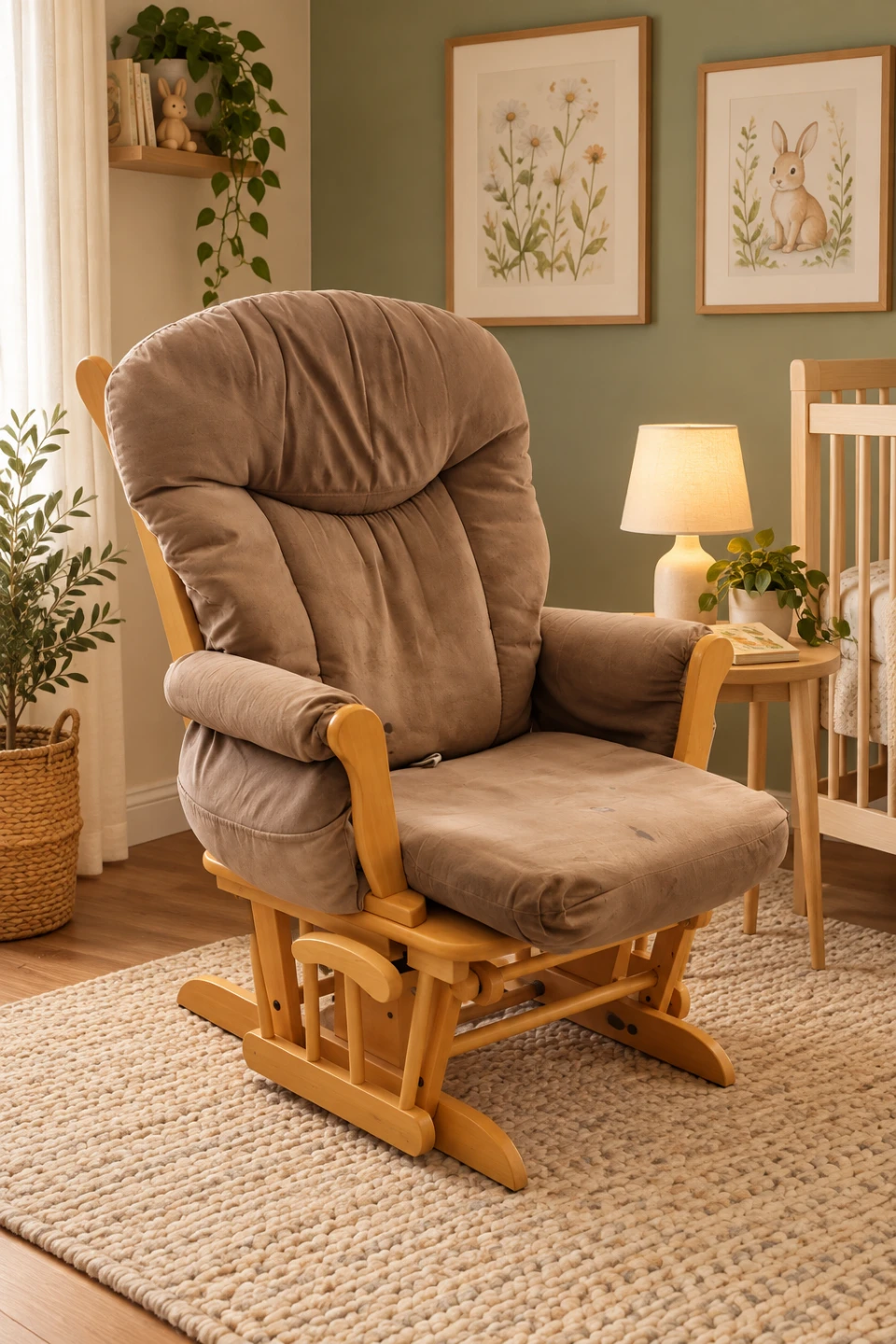 Wooden Glider Rocking Chair with Beige Cushion