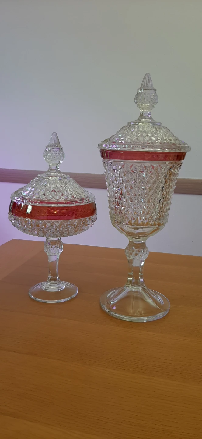 Indiana Glass Diamond Point Ruby lidded candy dishes