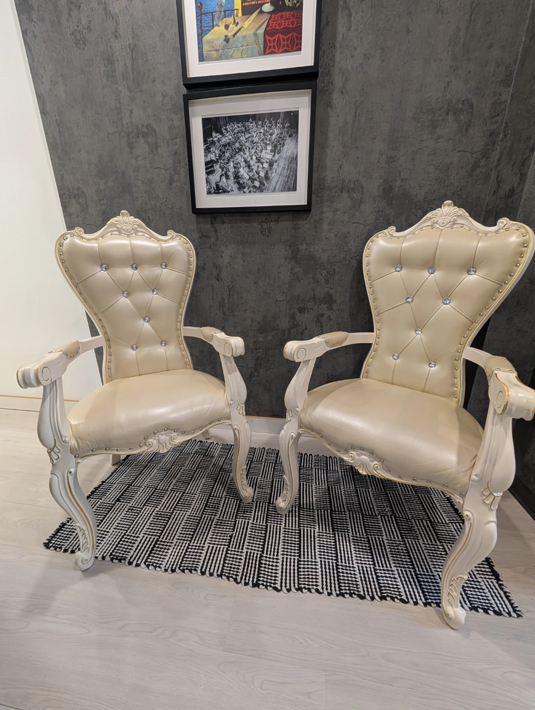 2 Modern French Aestetic Leather Dining chairs with Rhinestones