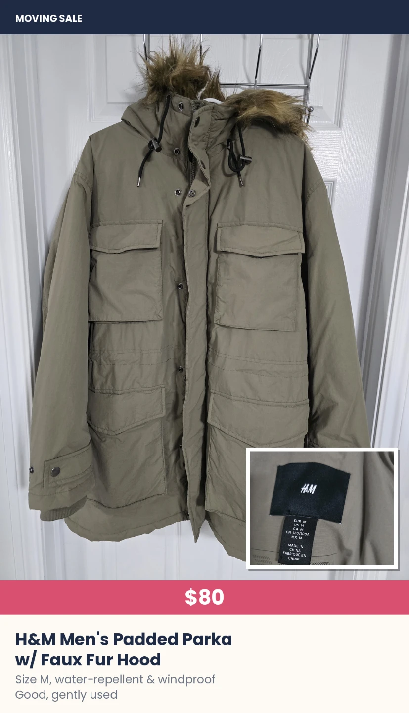 H&M Men's Padded Parka with Faux Fur Hood