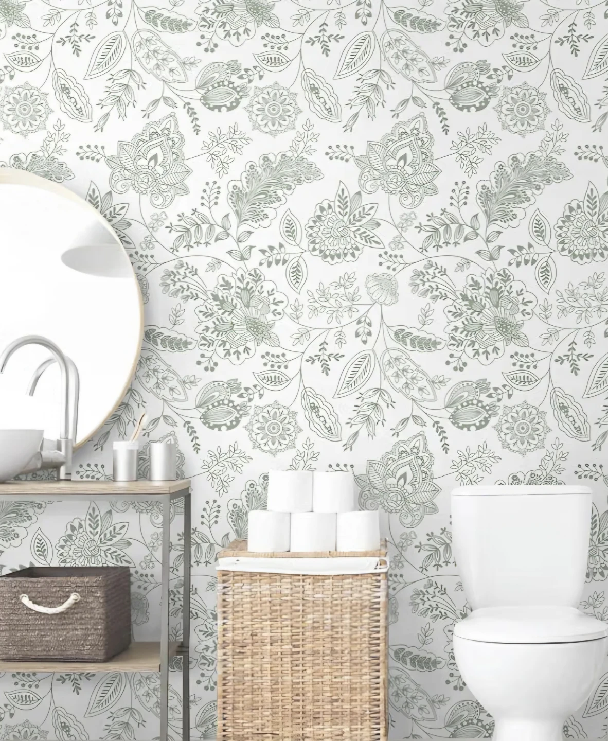 White & Green Floral Peel & Stick Wallpaper 17.3"×393" - photo 4