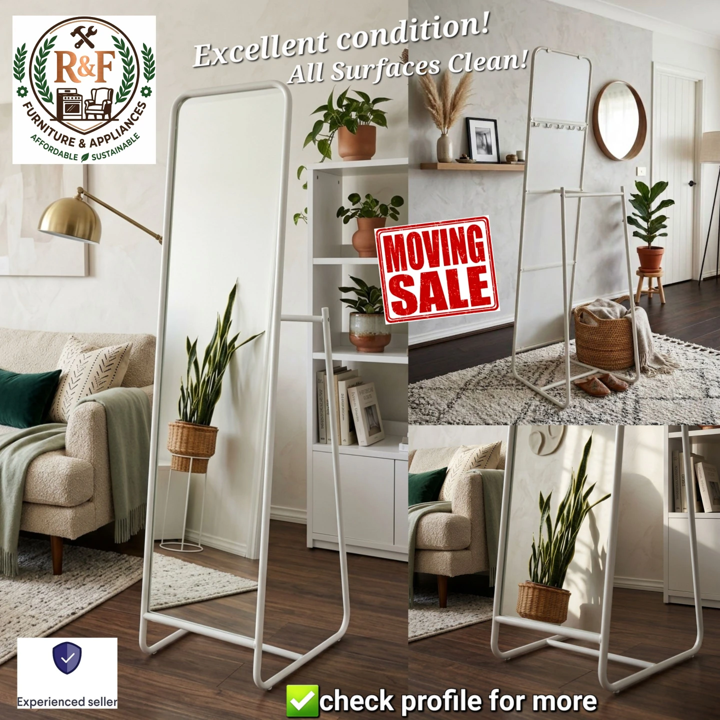 ✴️ Full-Size Standing Mirror, Metal Frame, White w. Hangers