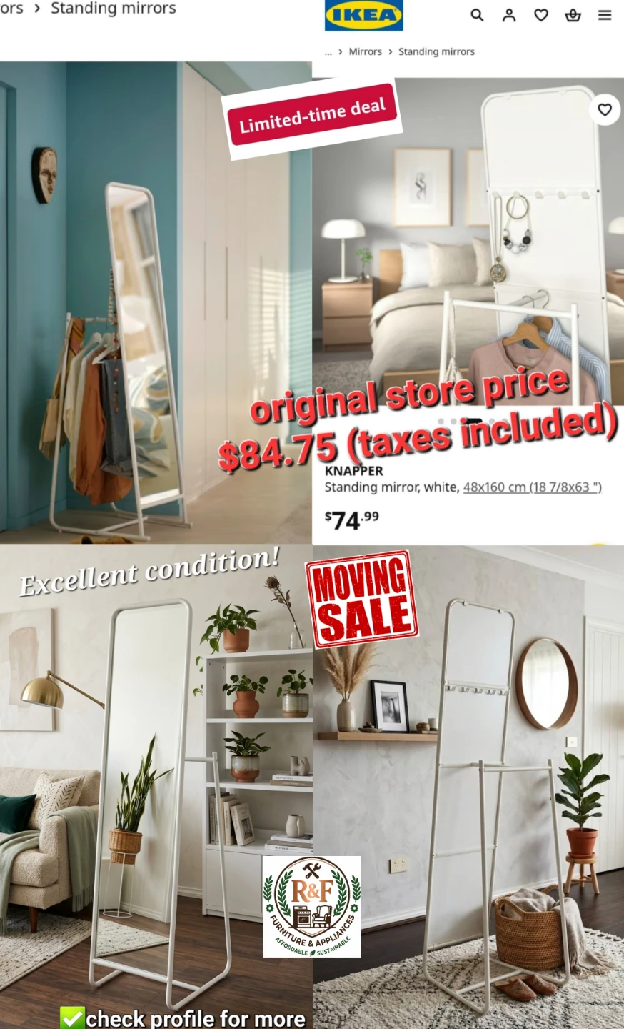 ✴️ Full-Size Standing Mirror, Metal Frame, White w. Hangers - photo 2