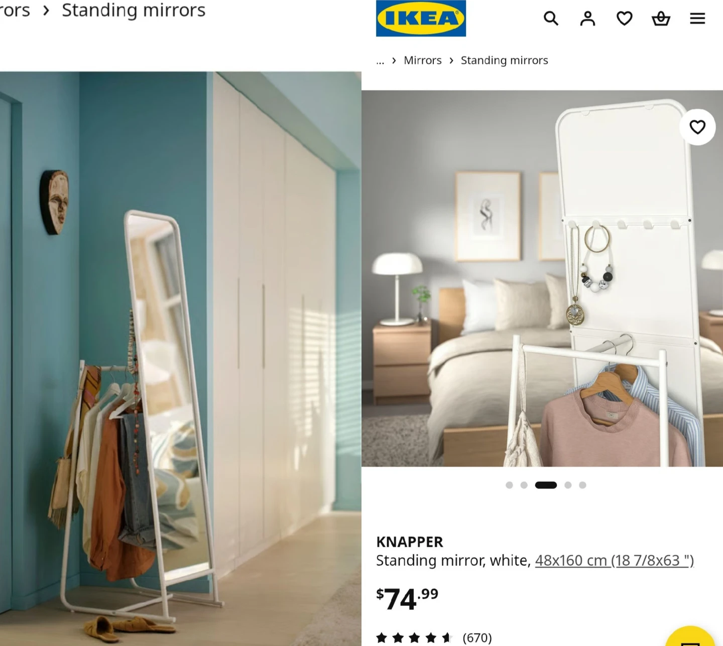 ✴️ Full-Size Standing Mirror, Metal Frame, White w. Hangers - photo 3