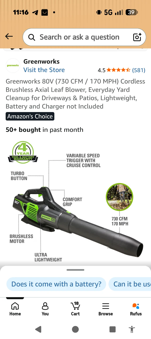 Greenworks 80V Cordless Brushless Axial Leaf Blower - photo 2