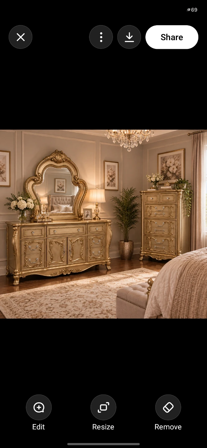 Pure wood ornate Gold Bedroom Dresser with Mirror