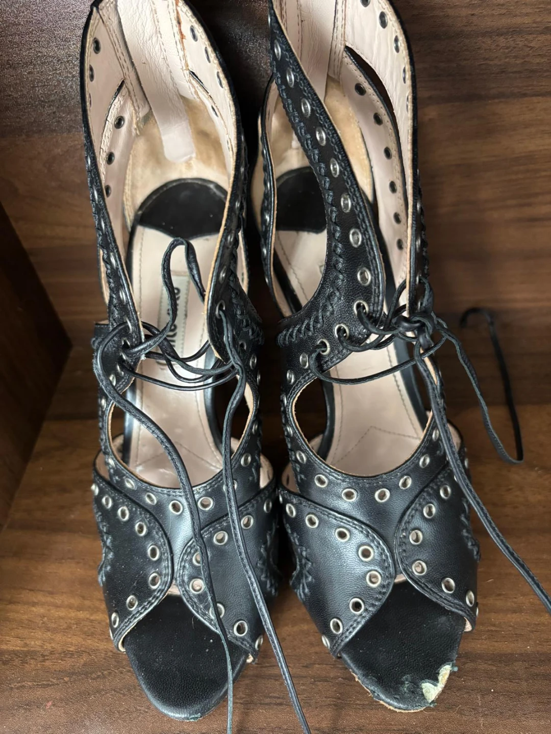Miu Miu Black Leather Grommet Lace-Up Cage Heels – Size 37.5 - photo 3