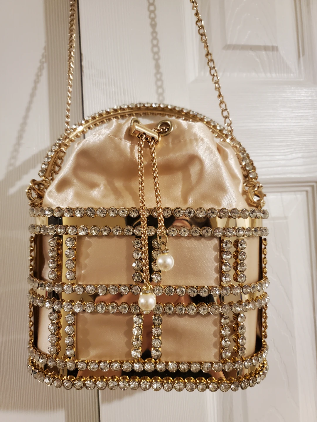 Gold Rhinestone Cage Satin Evening Bag
