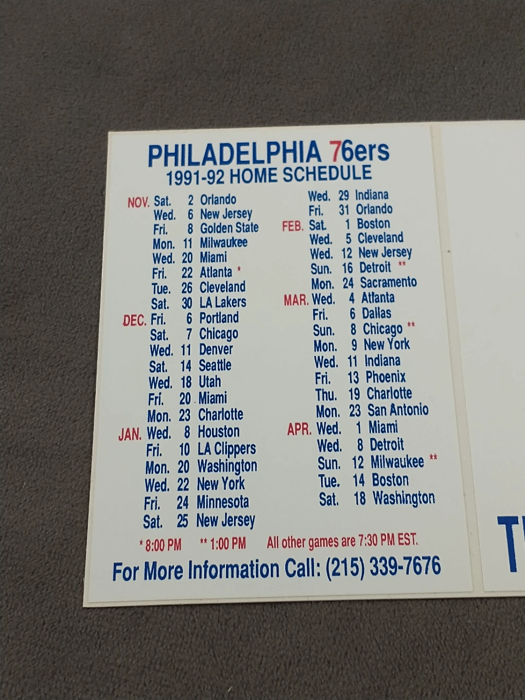 NBA Philadelphia 76ers 1991-92 Home Schedule Sticker - photo 2