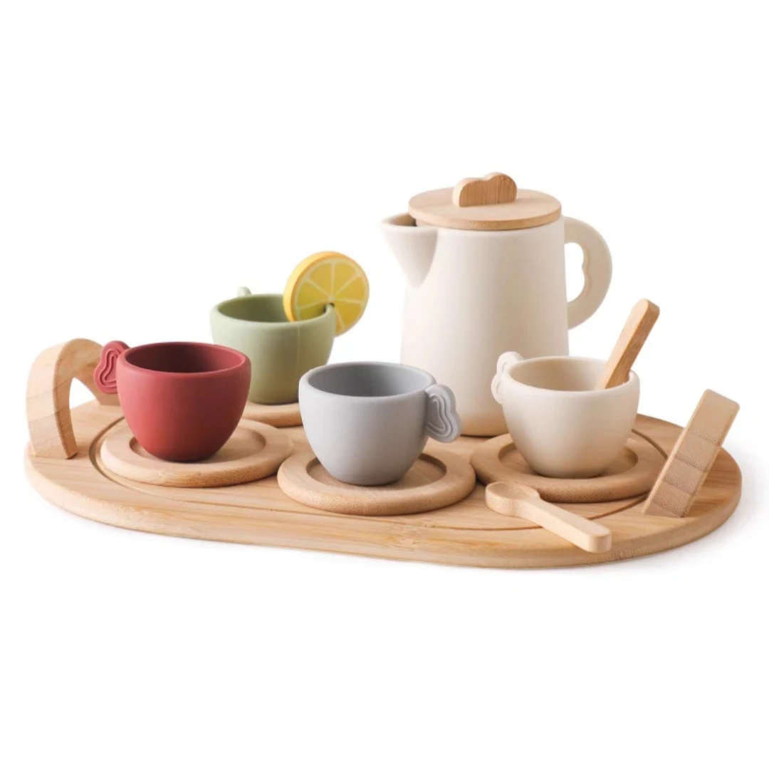 Kids Kitchen Toys Wooden and Silicone Tea Set