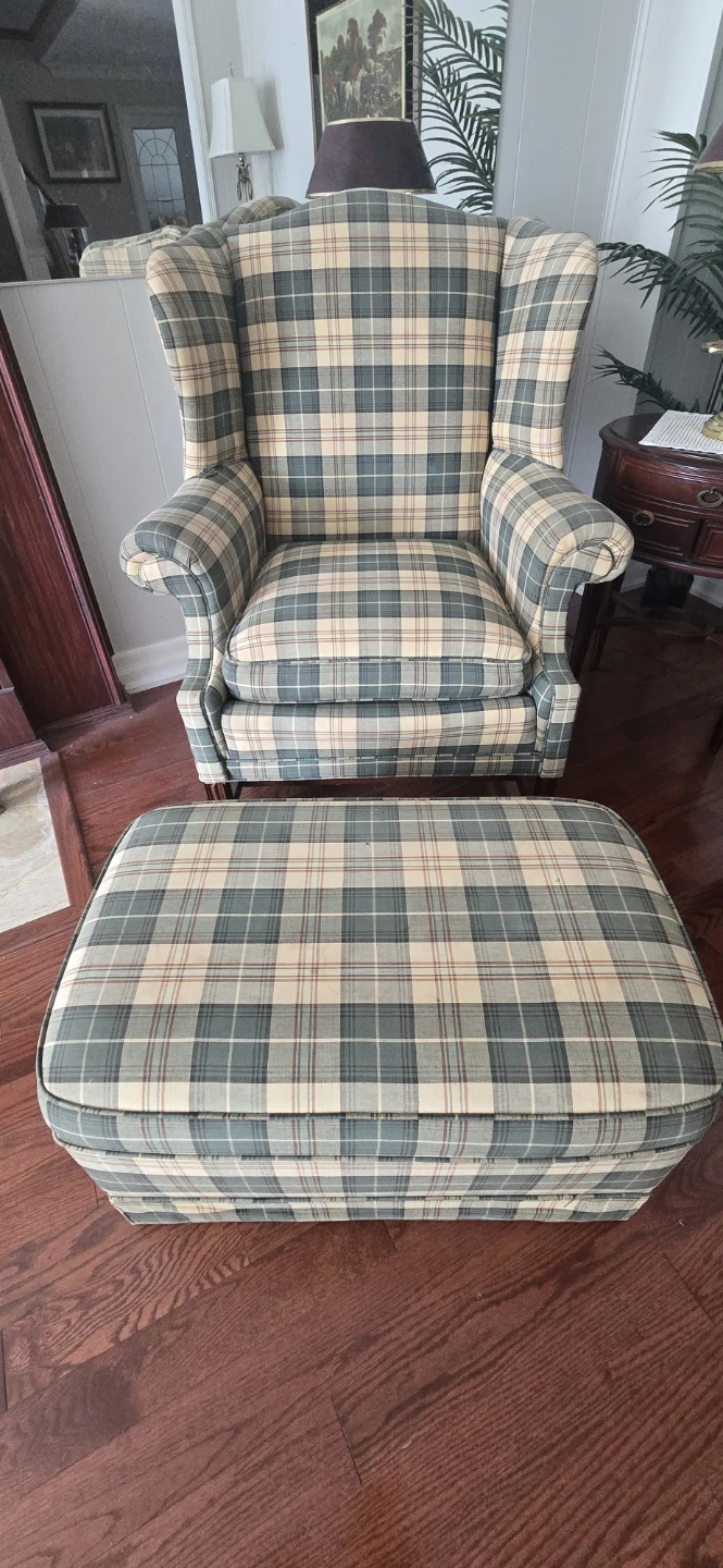 Plaid wingback chair and ottoman set