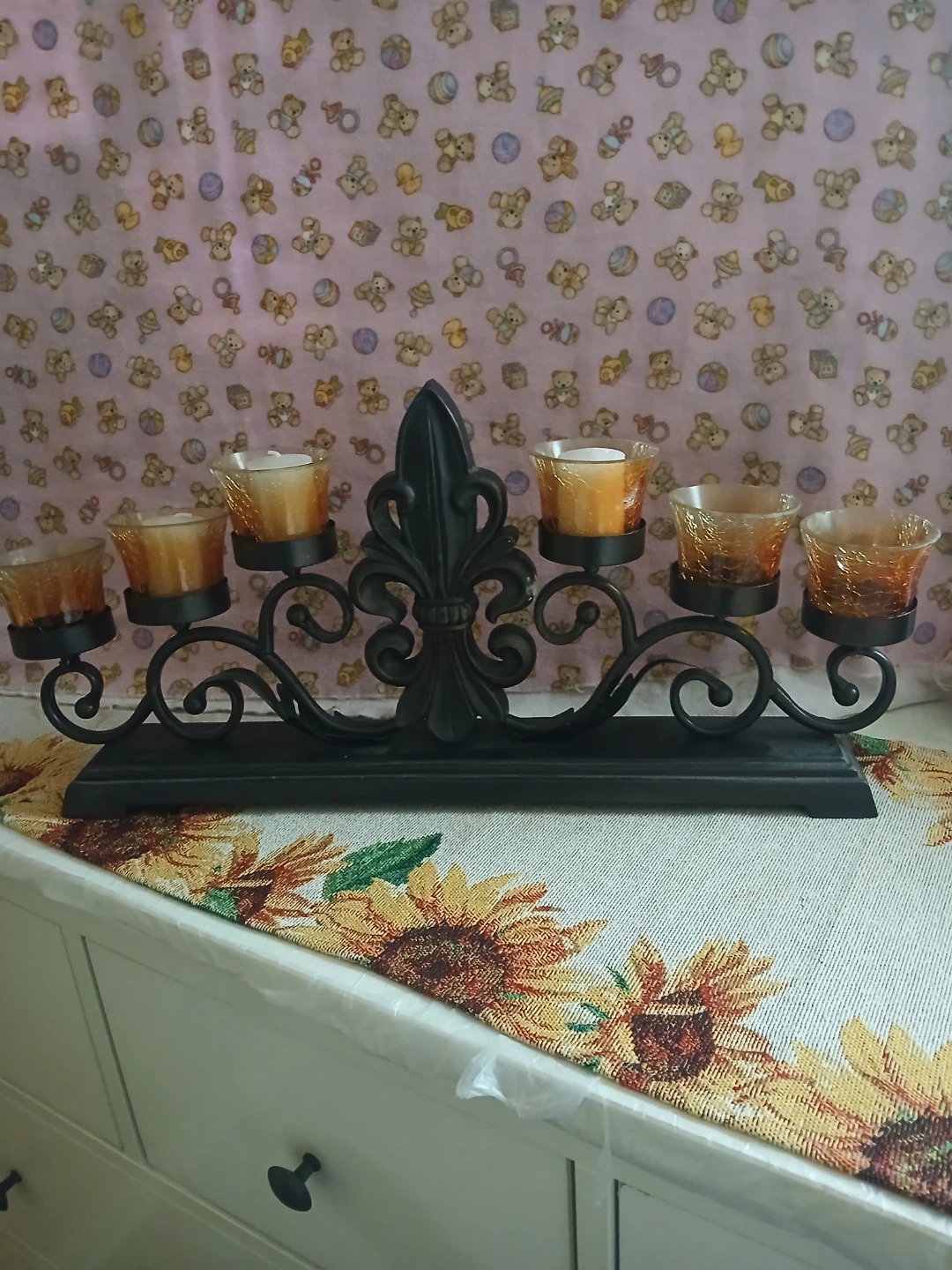 Metal Candelabra with 6 Crackle Glass Votive Holders