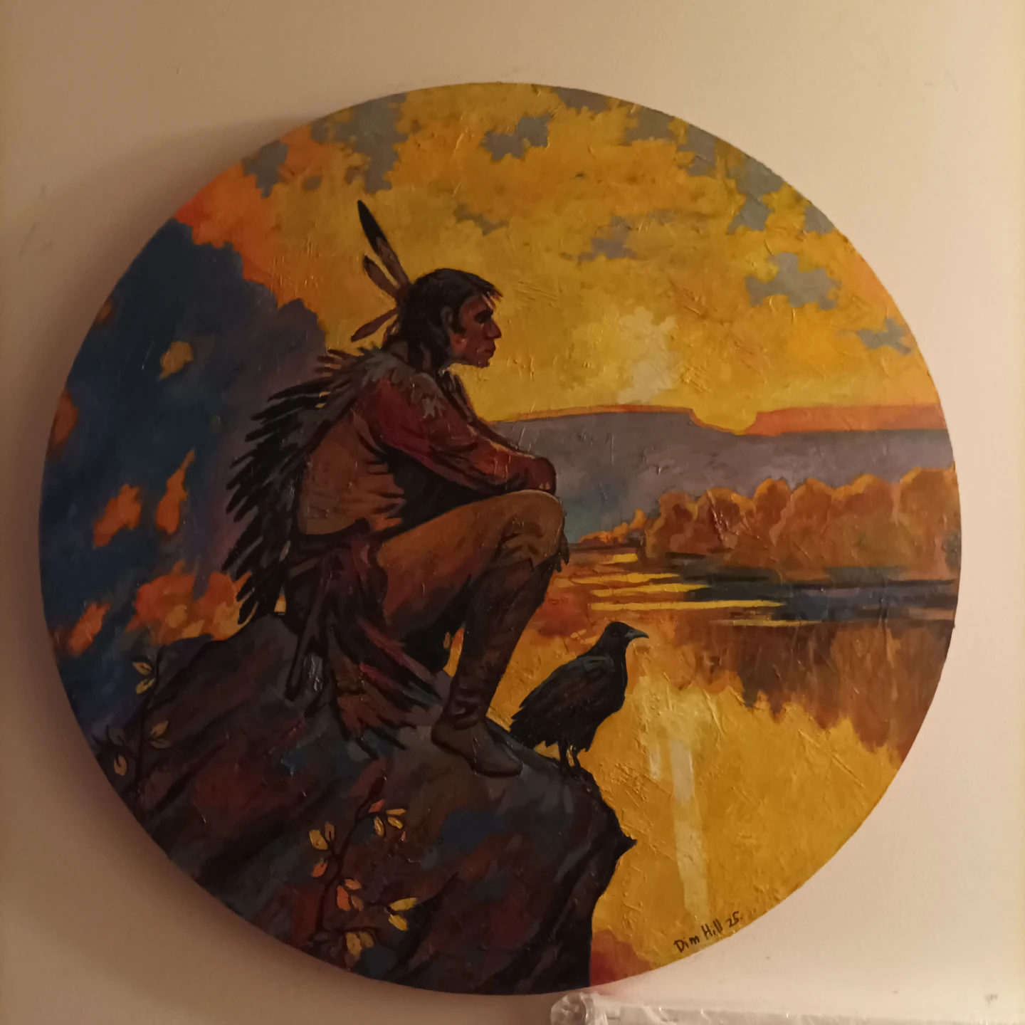 Round Painting of Indigenous Man with Raven - photo 5