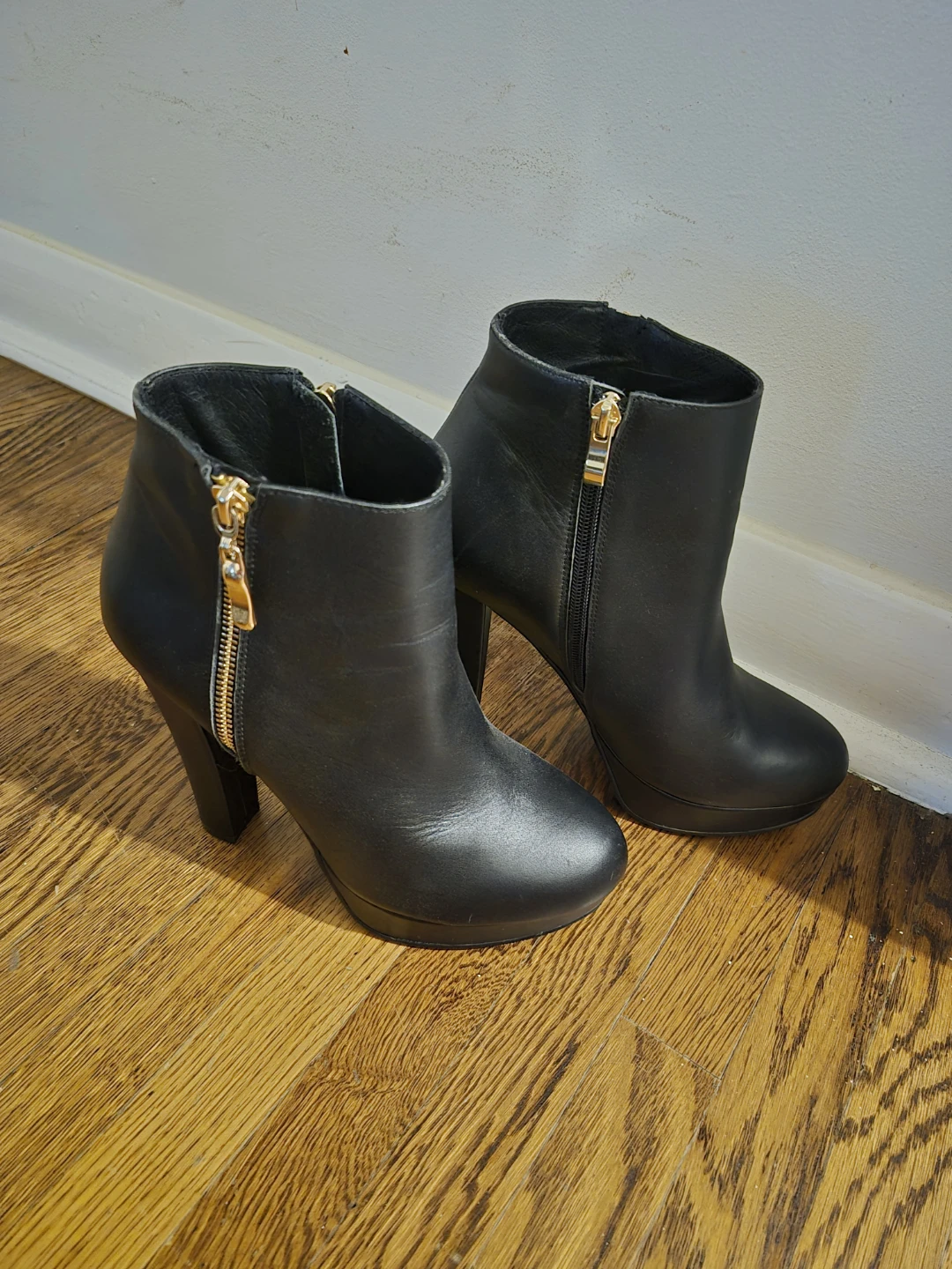 Black Heeled Ankle Boots with Gold Zippers - photo 3