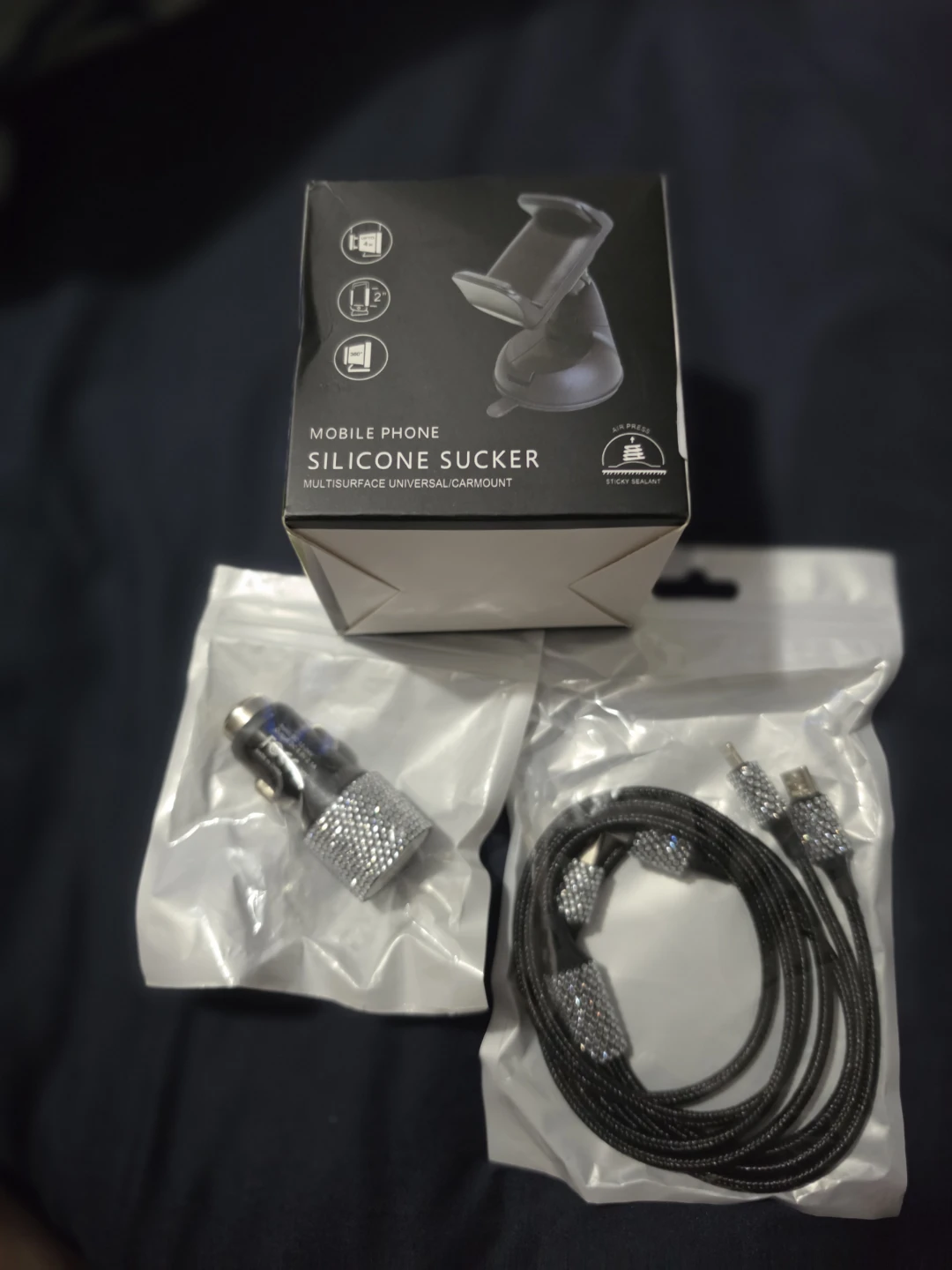 Car Accessory Bundle: Phone Mount, USB Charger & Bling Cable