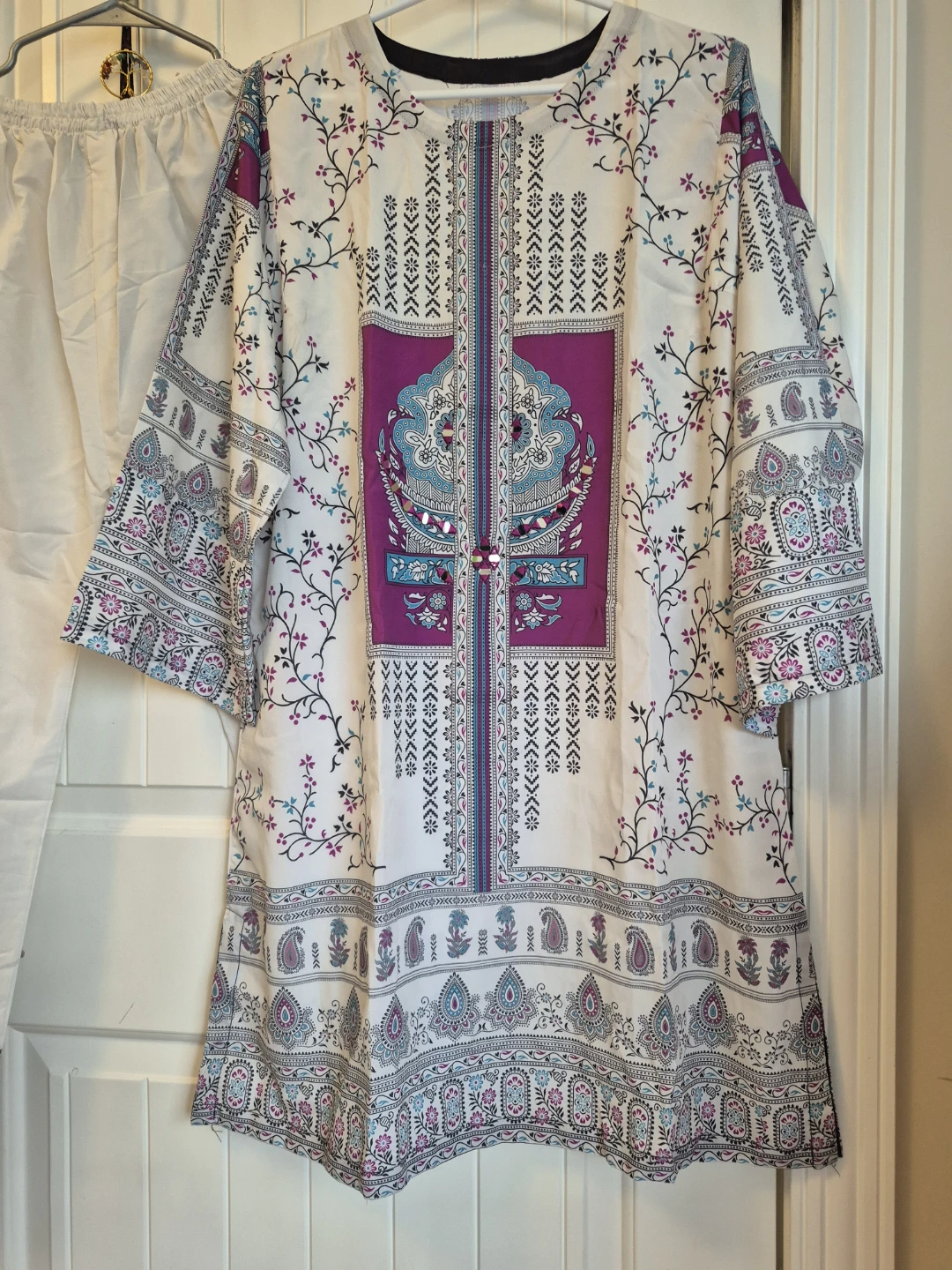 Purple and white patterned kurta set - photo 5