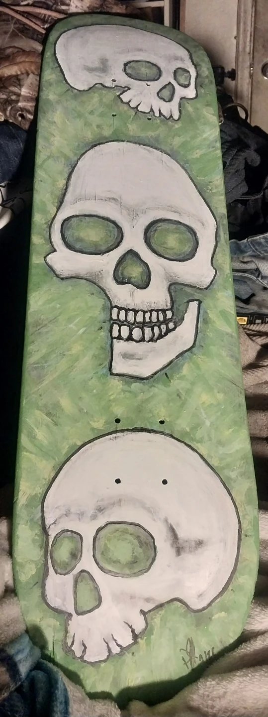 Hand-Painted Green Skull Skateboard Deck