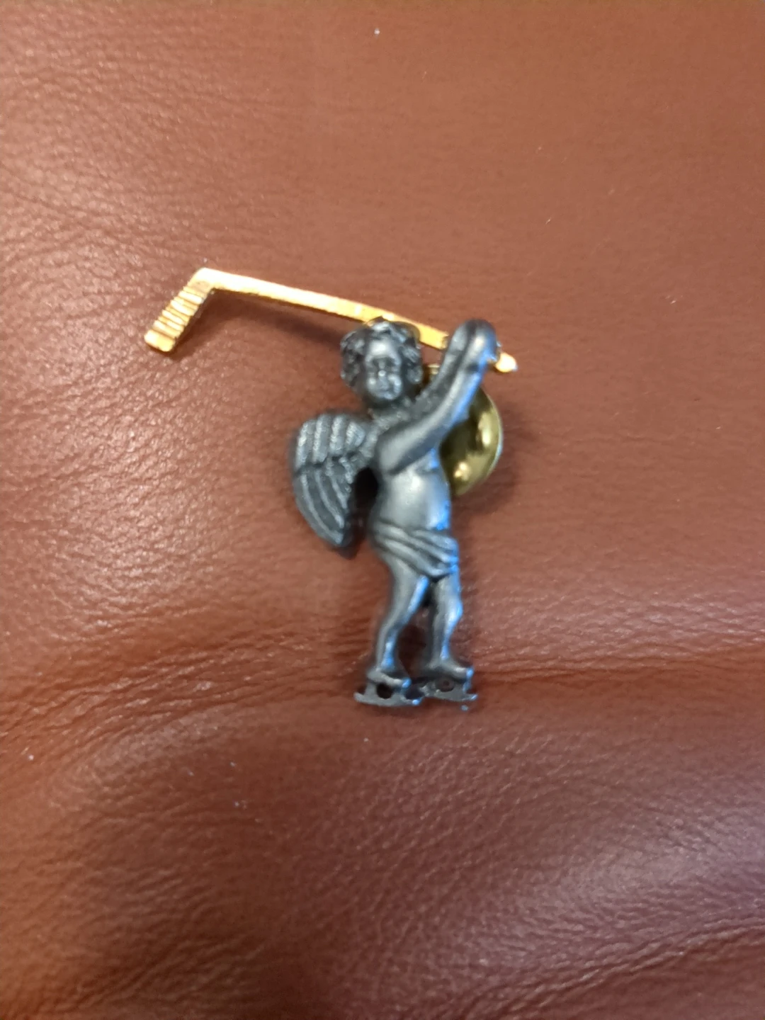 Vintage Pewter Angel with Gold Tone Hockey Stick Lapel Pin