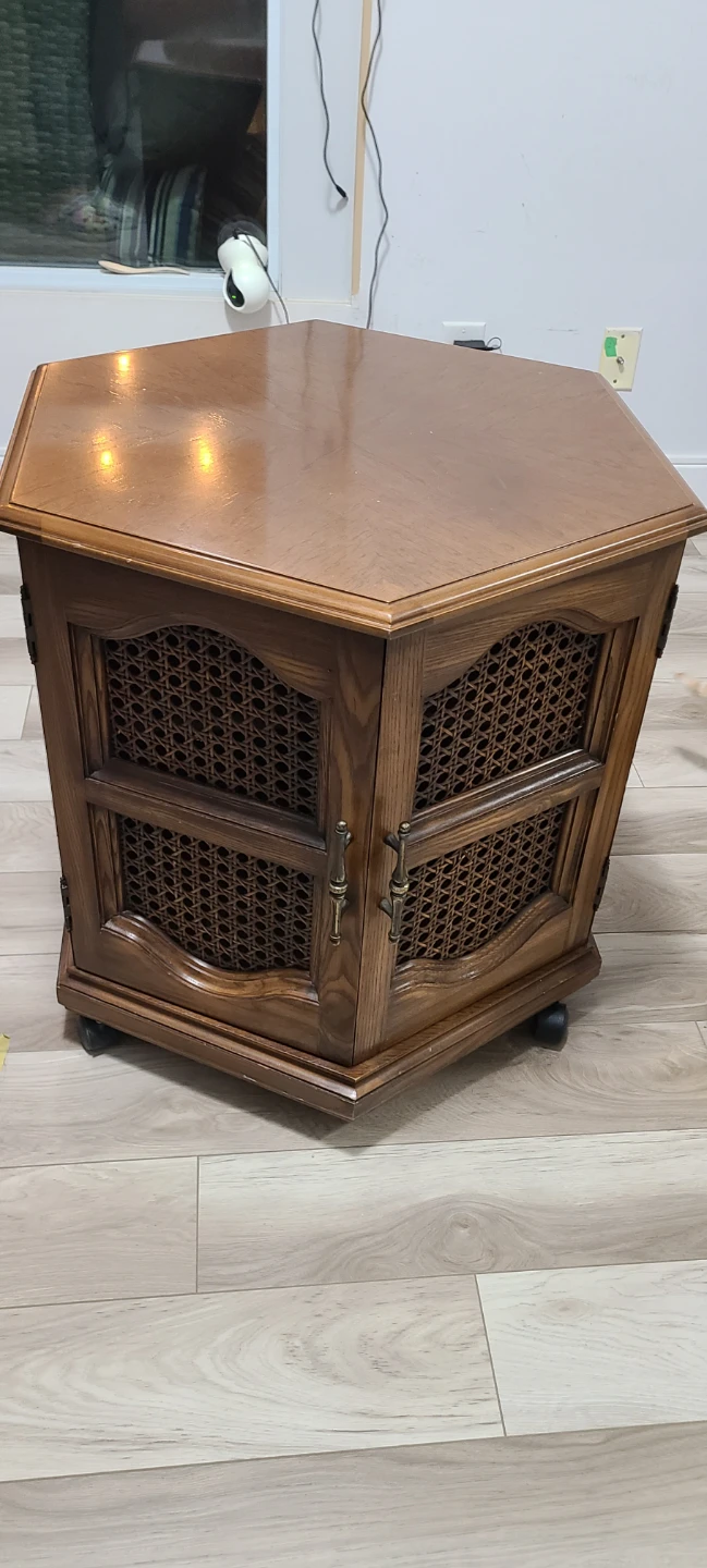 Vintage Wooden Corner Cabinet with Caned Doors