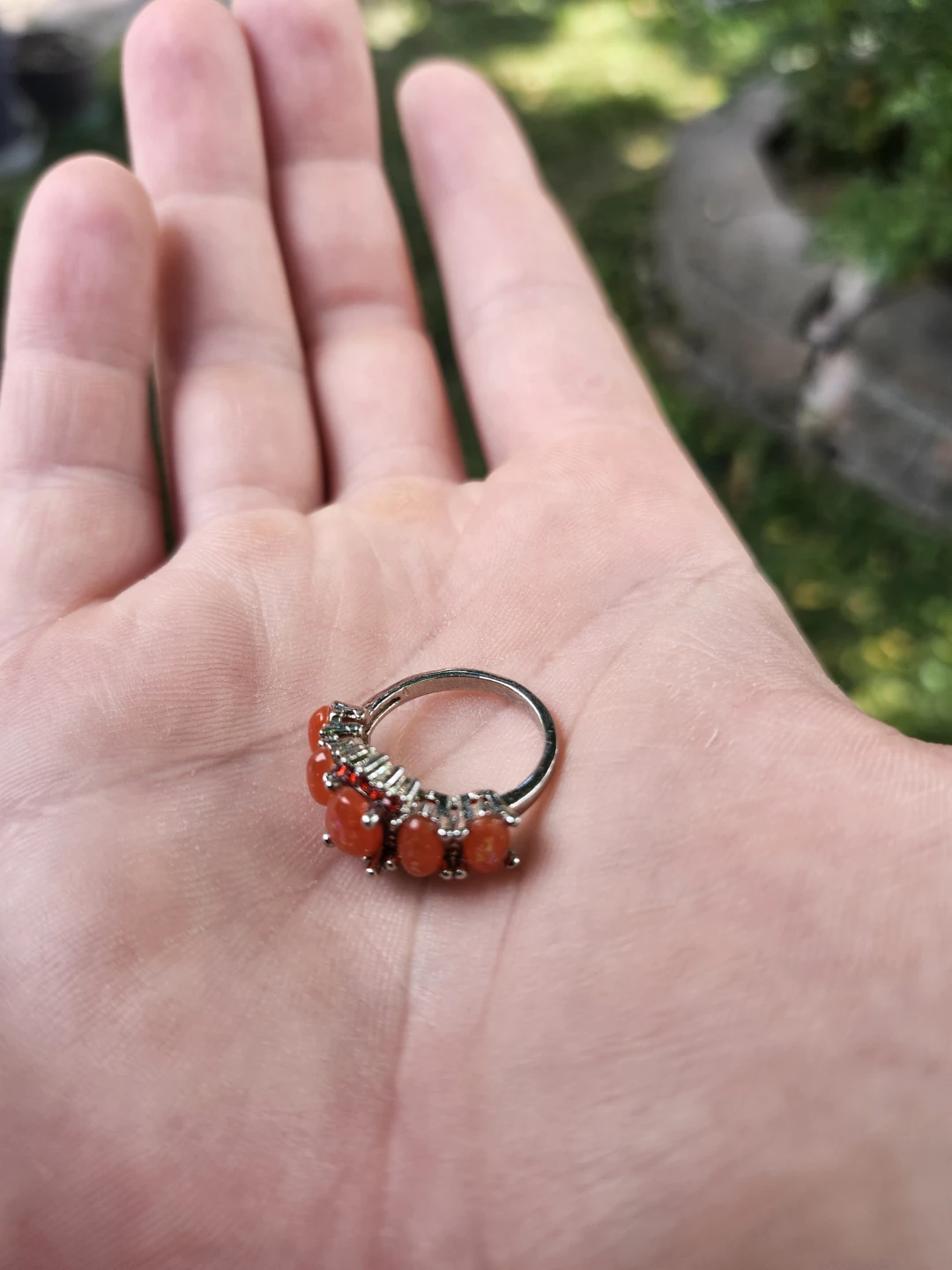 Vintage Orange Confetti Lucite Silver Tone Ring