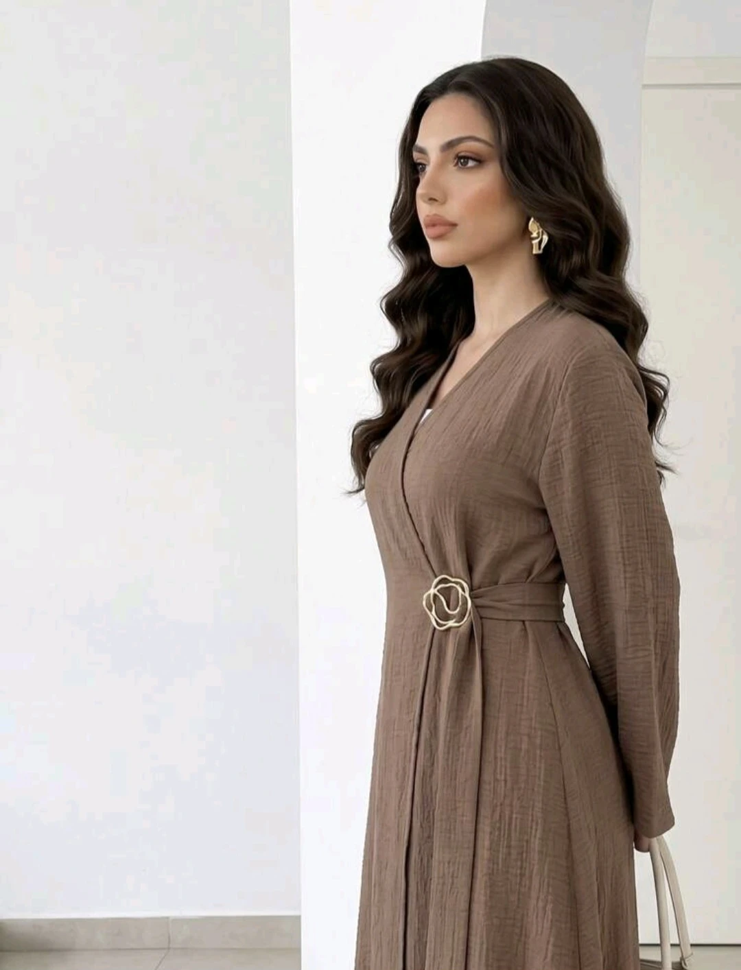 Brown Crinkle Abaya with Gold Buckle - photo 2