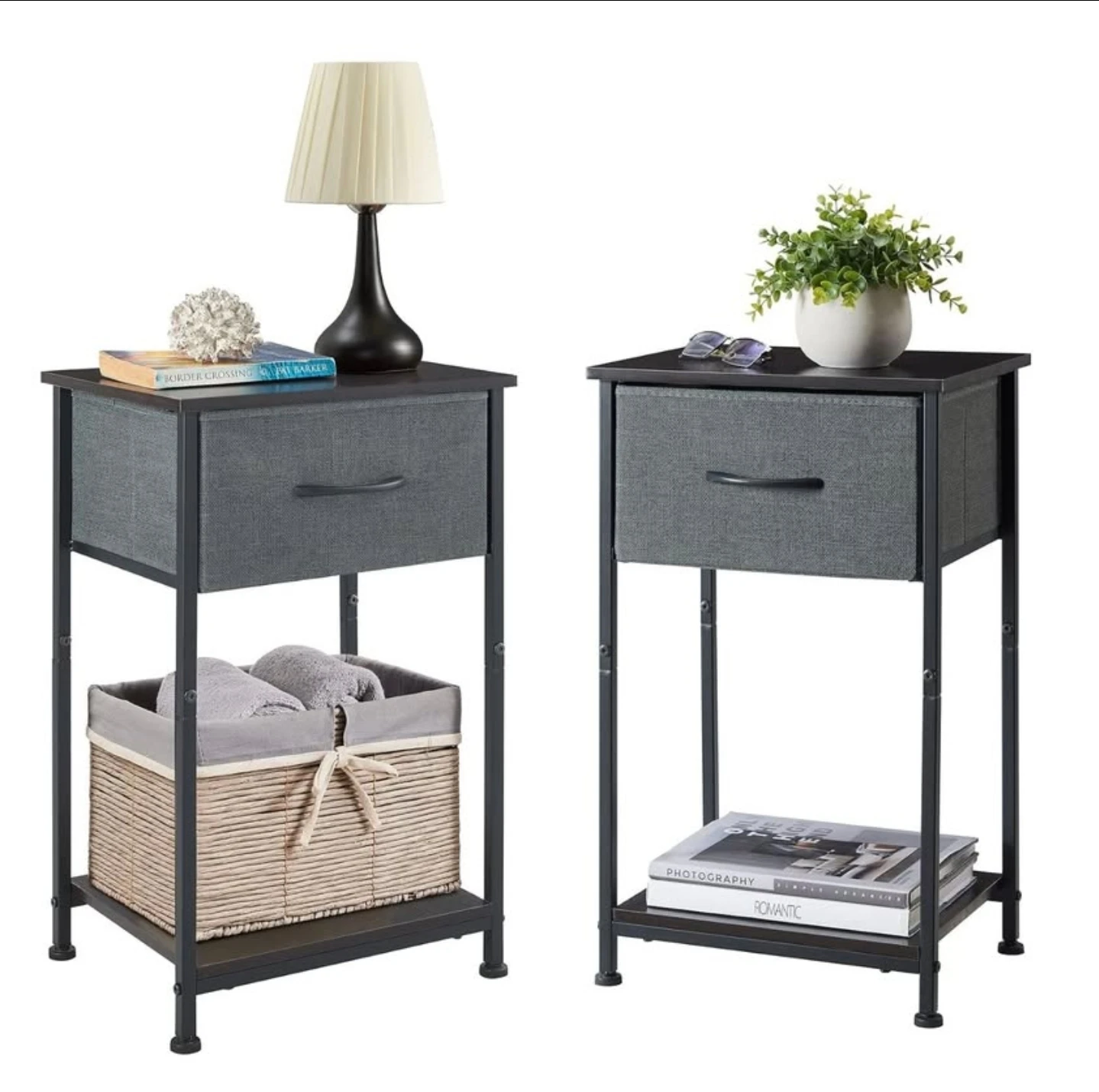 Set of 2 - Gray Fabric Drawer Nightstand with Metal Frame