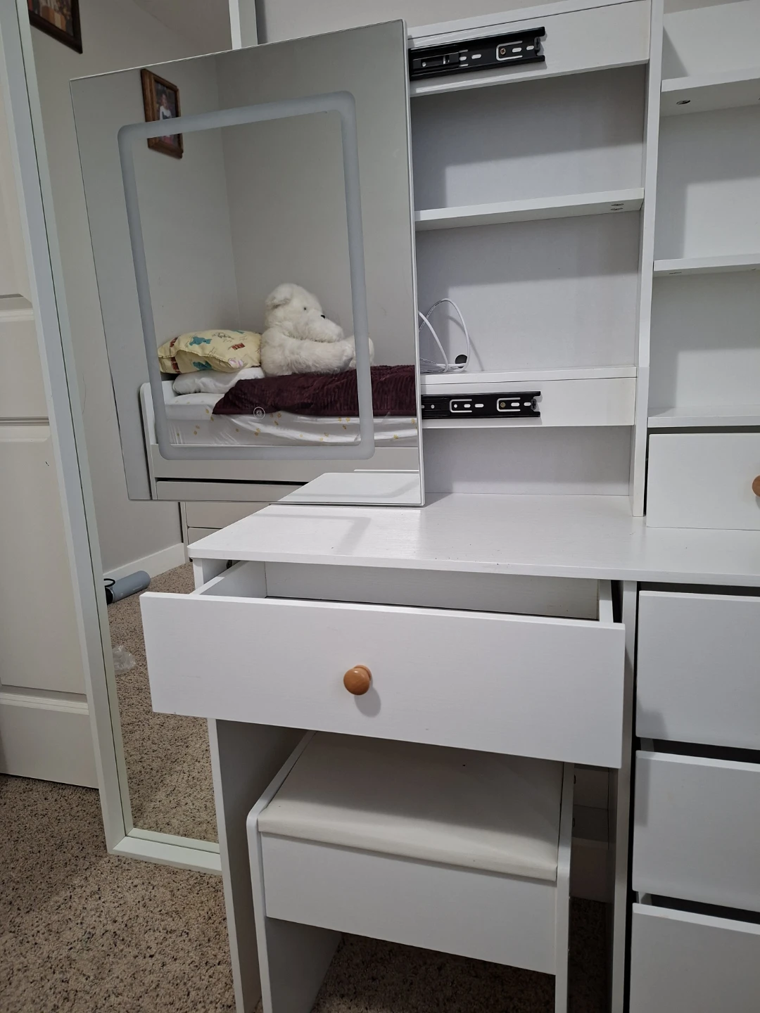 White Vanity with LED Mirror and Stool