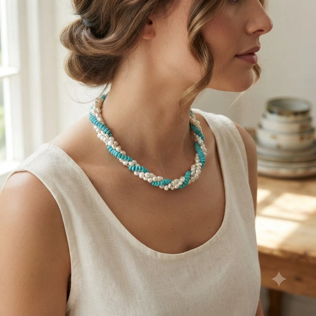 Beaded Necklace - White Faux Pearls & Turquoise