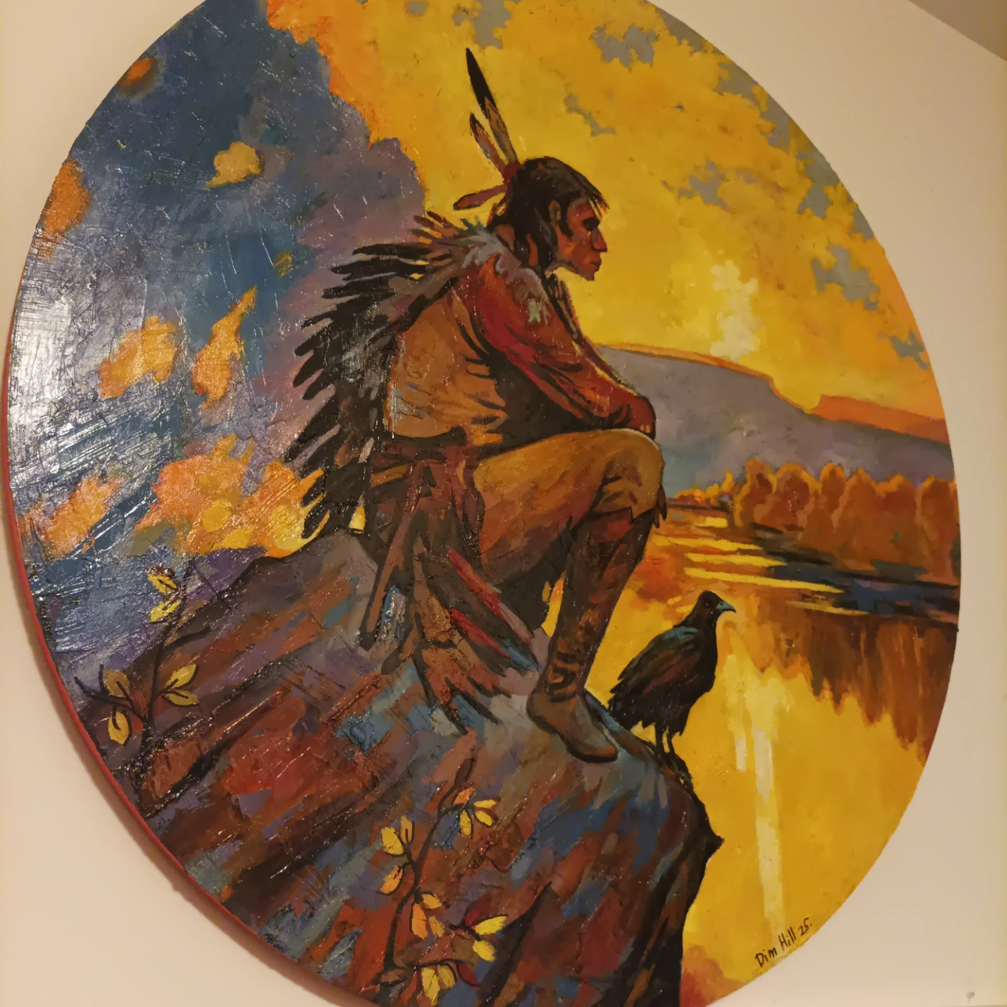 Round Painting of Indigenous Man with Raven