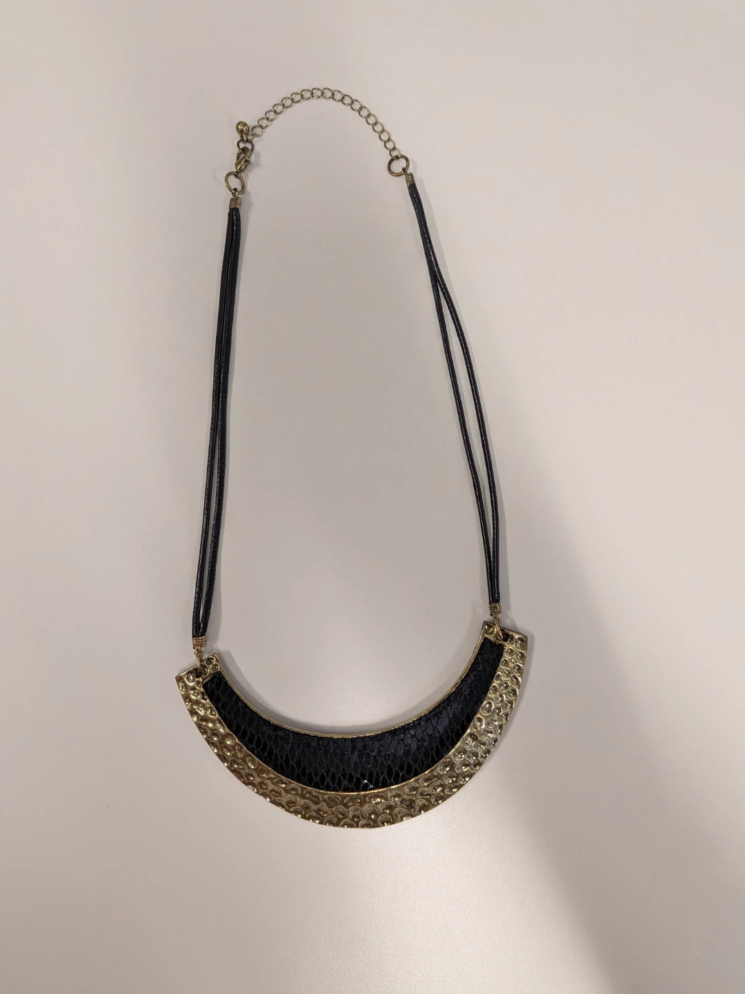 Gold-Tone and Black Faux Leather Crescent Necklace