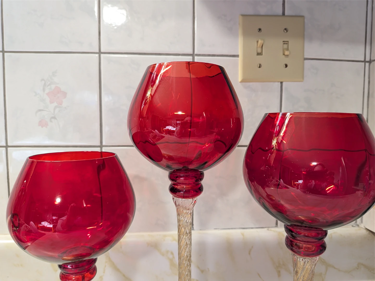Set of 3 Red Glass Hurricane Candle Holders - photo 2