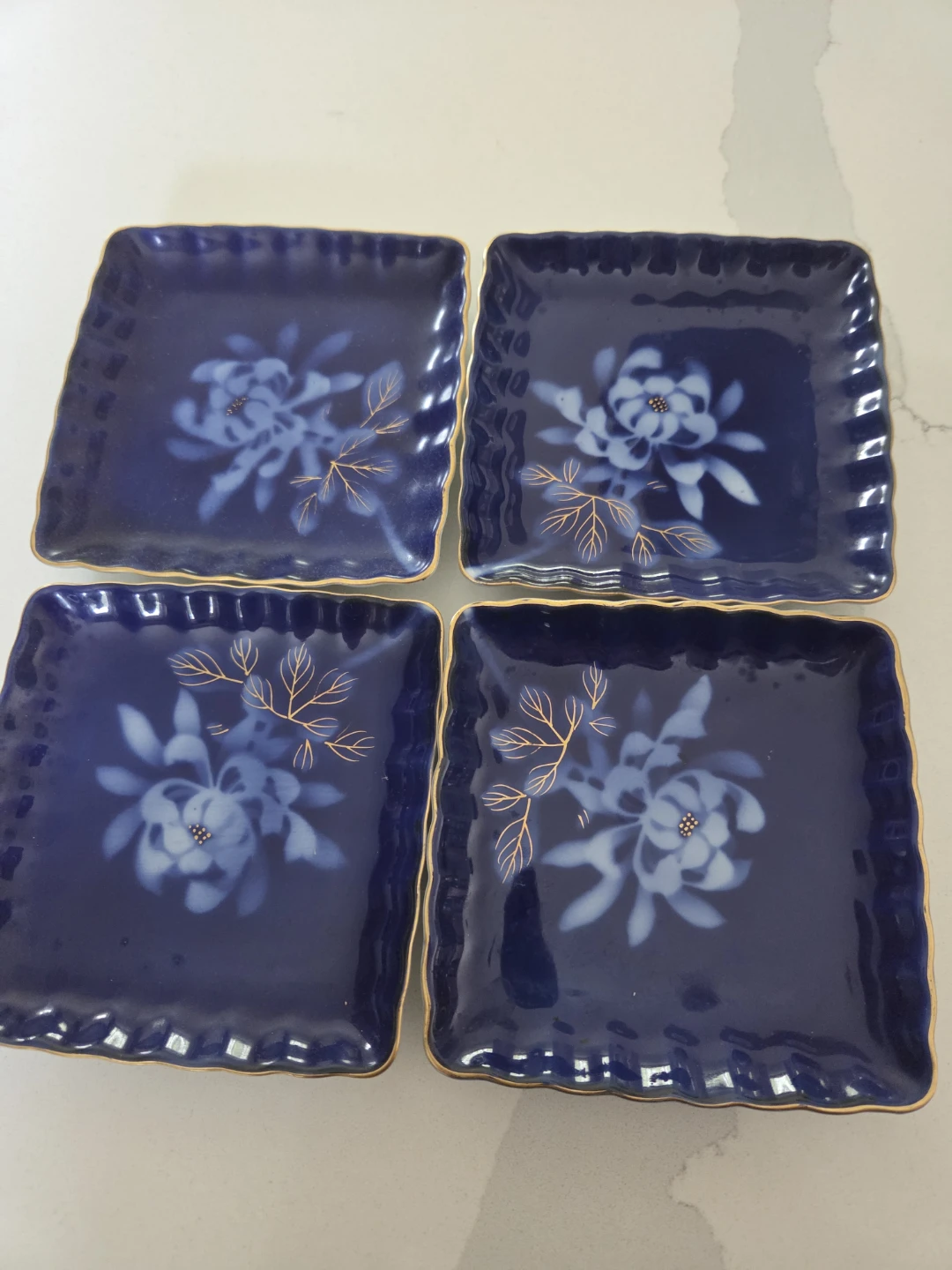 Set of 4 Blue Floral Square Small  Plates