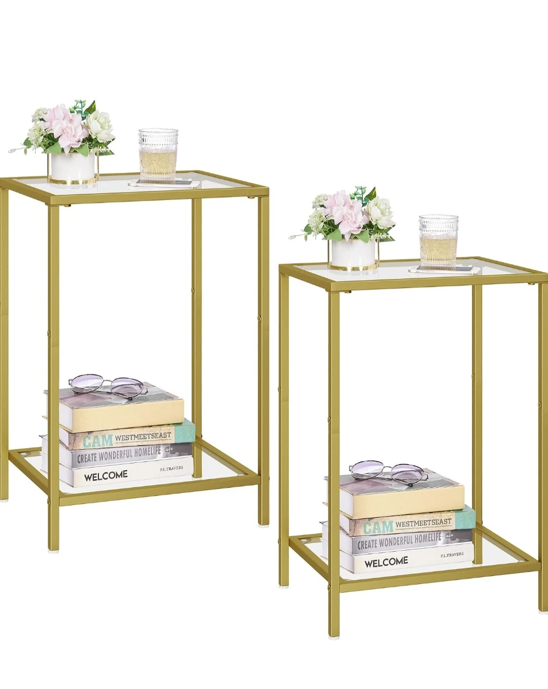 Set Gold Metal and Glass Side Table