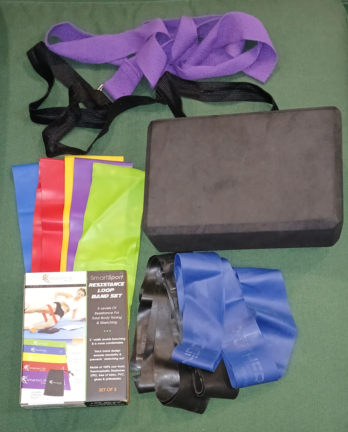 Exercise Resistance Bands, Yoga Block. Straps