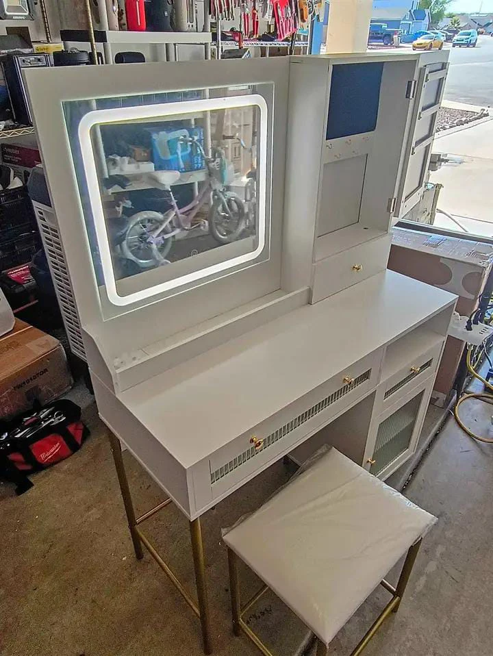 White Vanity Desk with LED Mirror