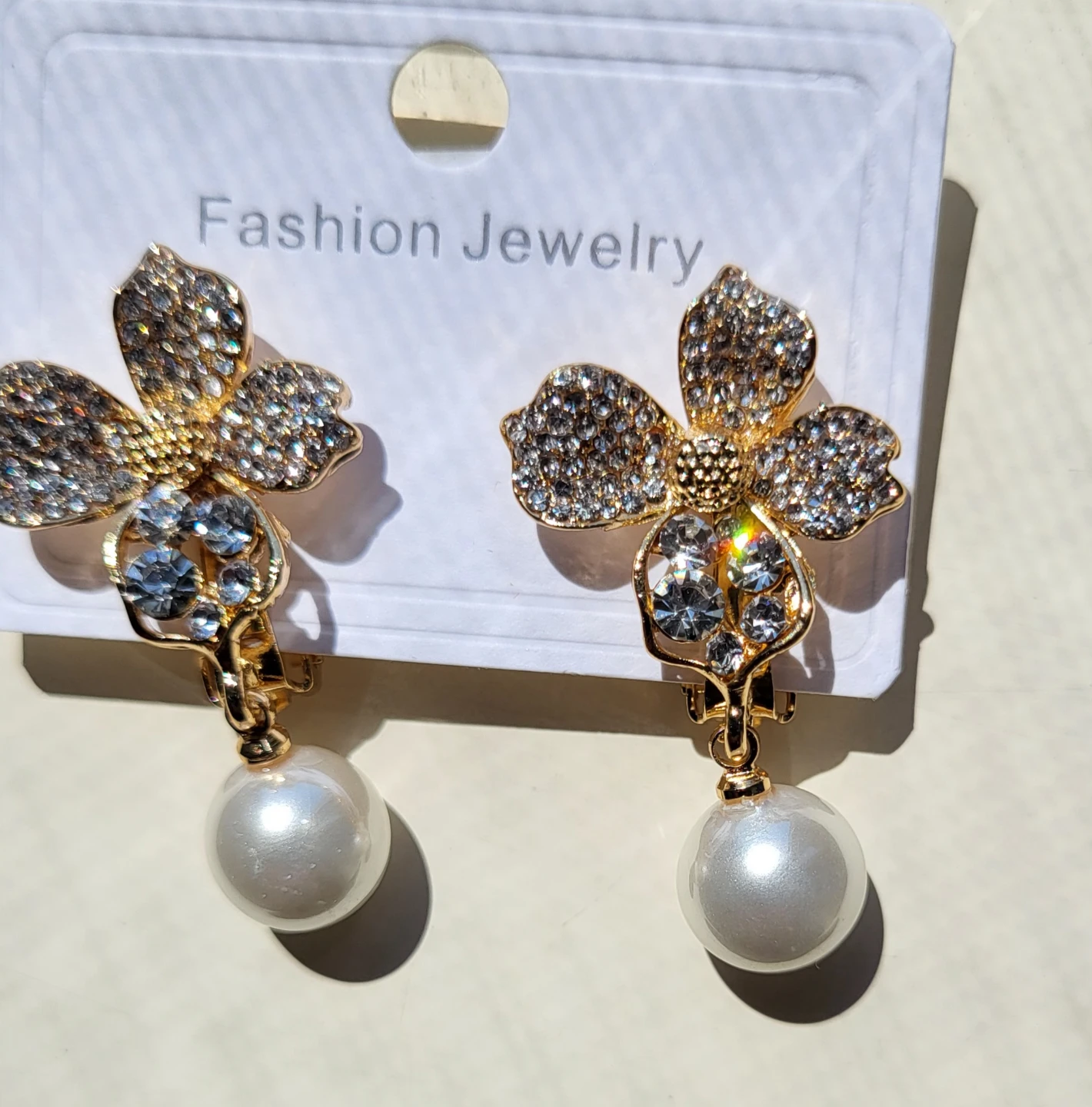 Gold-tone Pearl and Rhinestone Flower Clip-on Earrings
