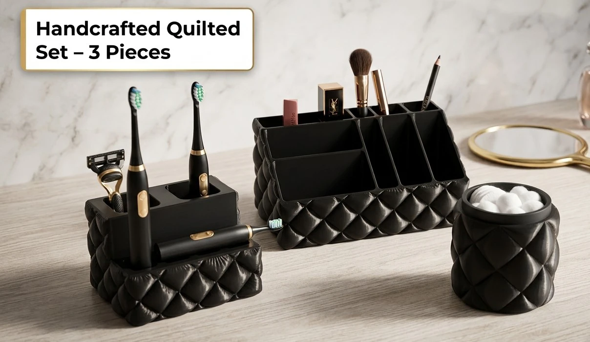 Black Quilted Bathroom Organizer 3 piece Set