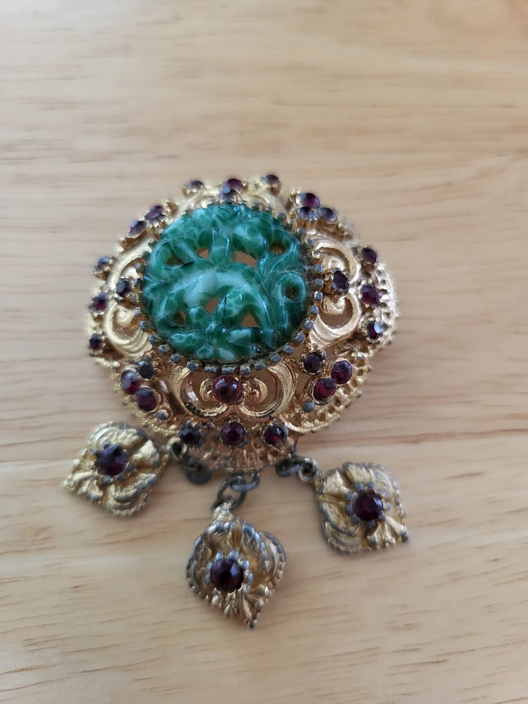 Vintage Gold Tone Brooch with Green Stone
