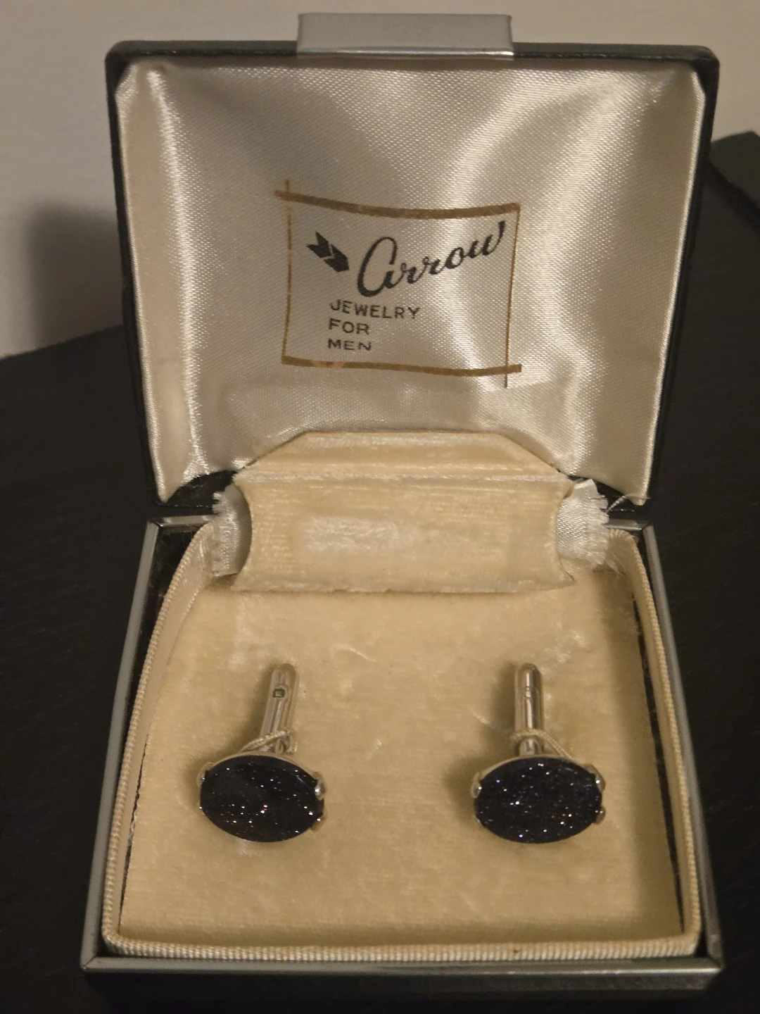 Vintage 1950's "Arrow" Blue Goldstone Cufflinks, Original Box