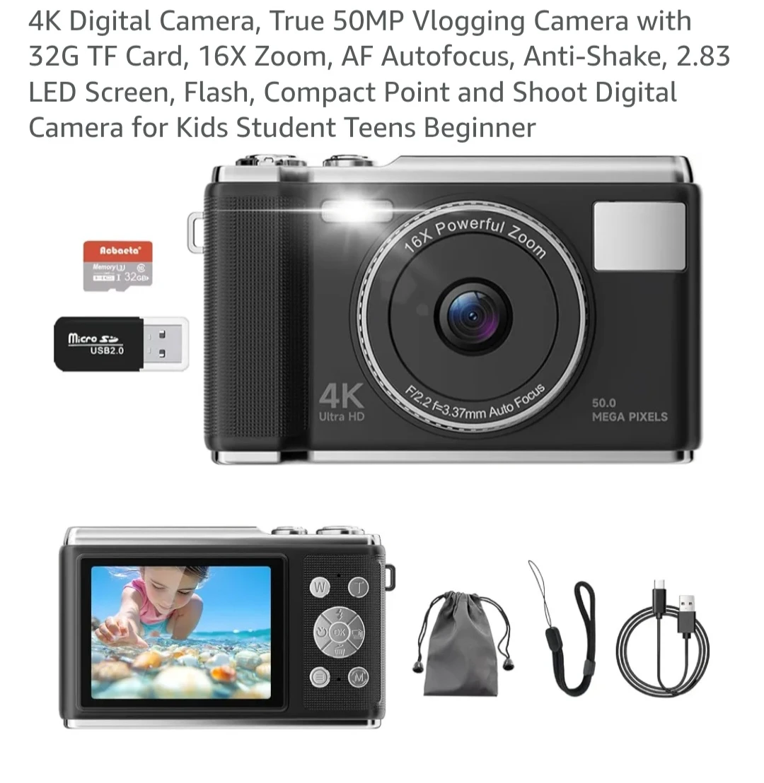 4K Digital Vlogging Camera with 16X Zoom and 32G TF Card