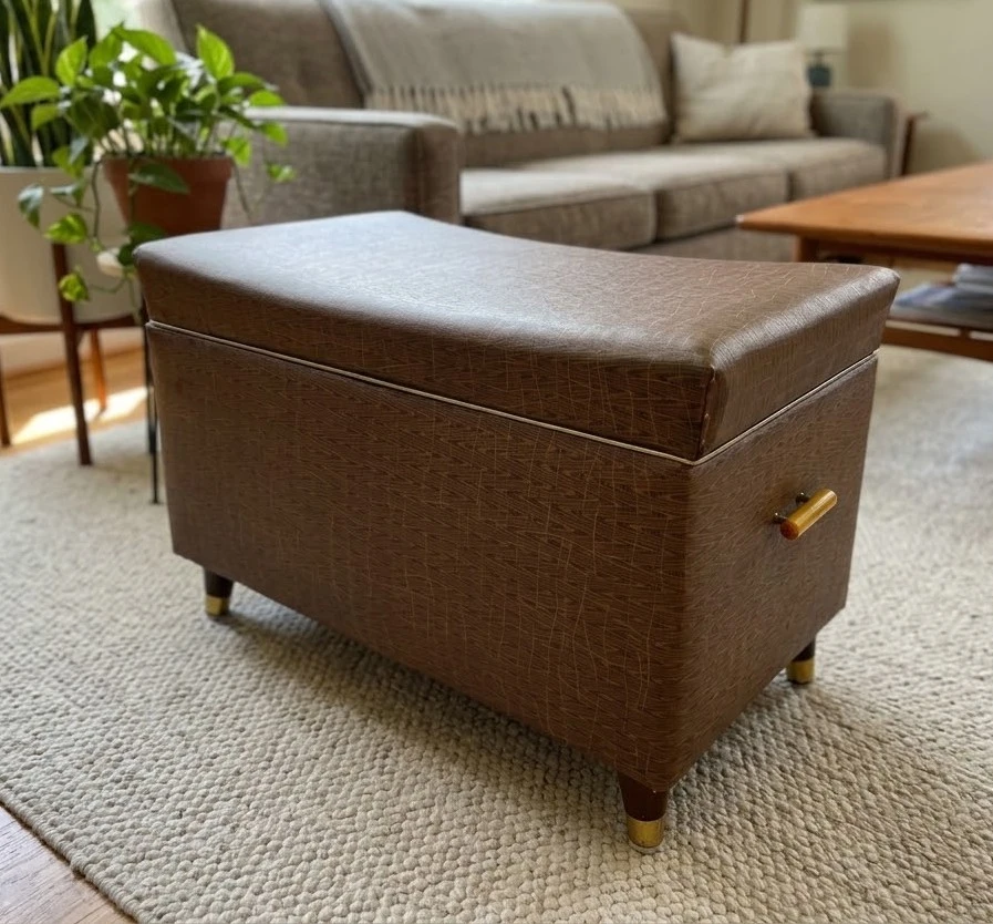 Vintage MCM Storage Ottoman / Footstool Bench – Brass Legs