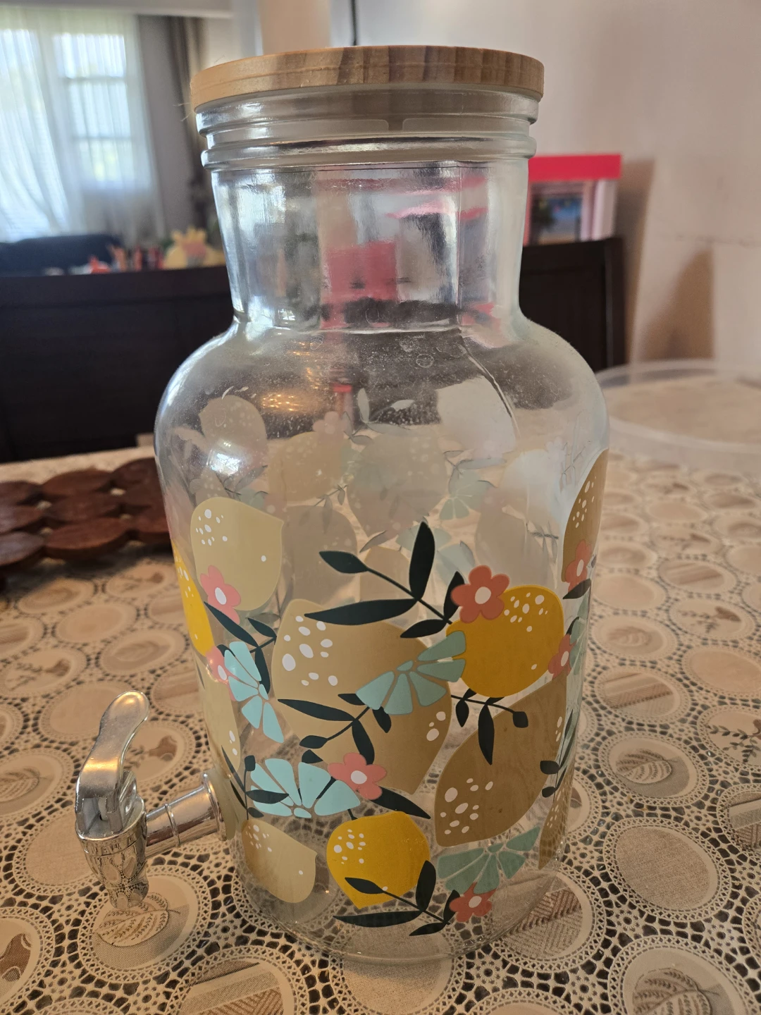 Glass Beverage Dispenser with Wooden Lid and Spigot