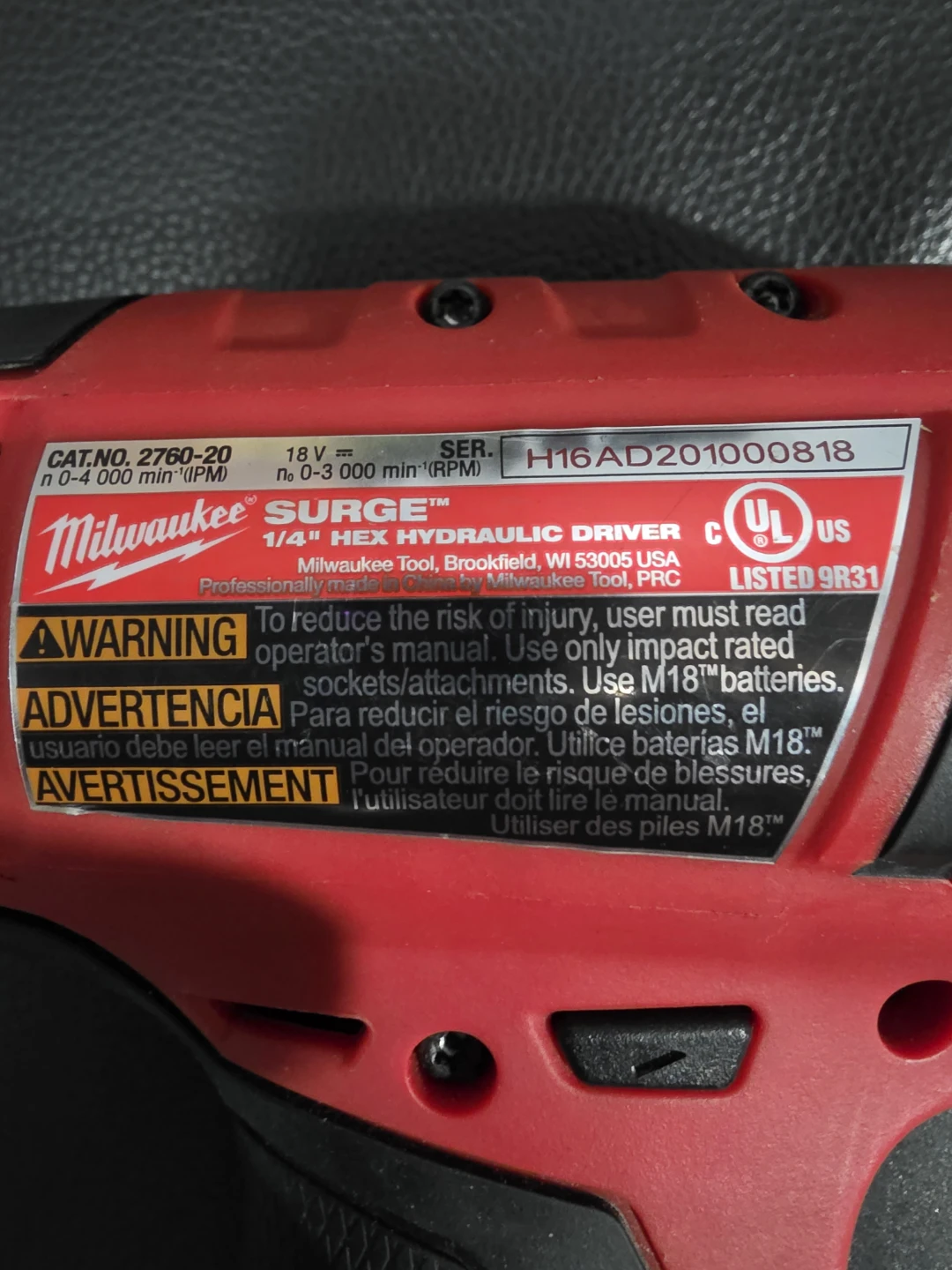 Milwaukee M18 Surge 1/4" Hex Hydraulic Driver 2760-20 - photo 3