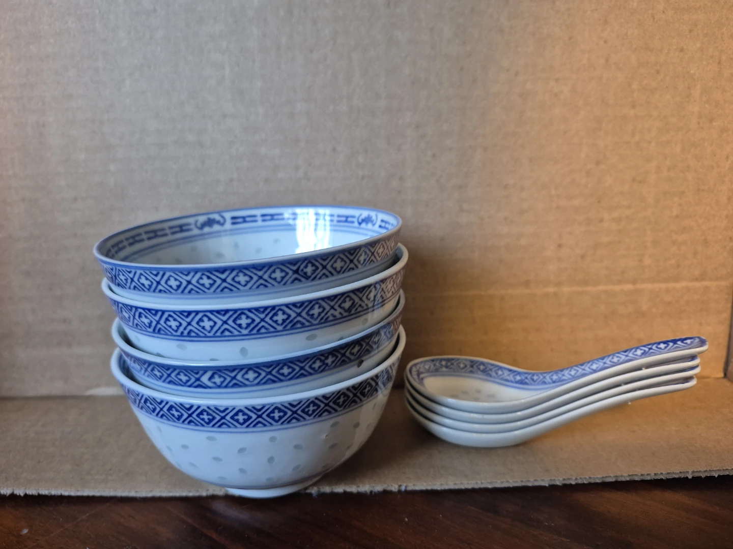 Blue and White Porcelain Rice Bowls and Spoons - photo 3