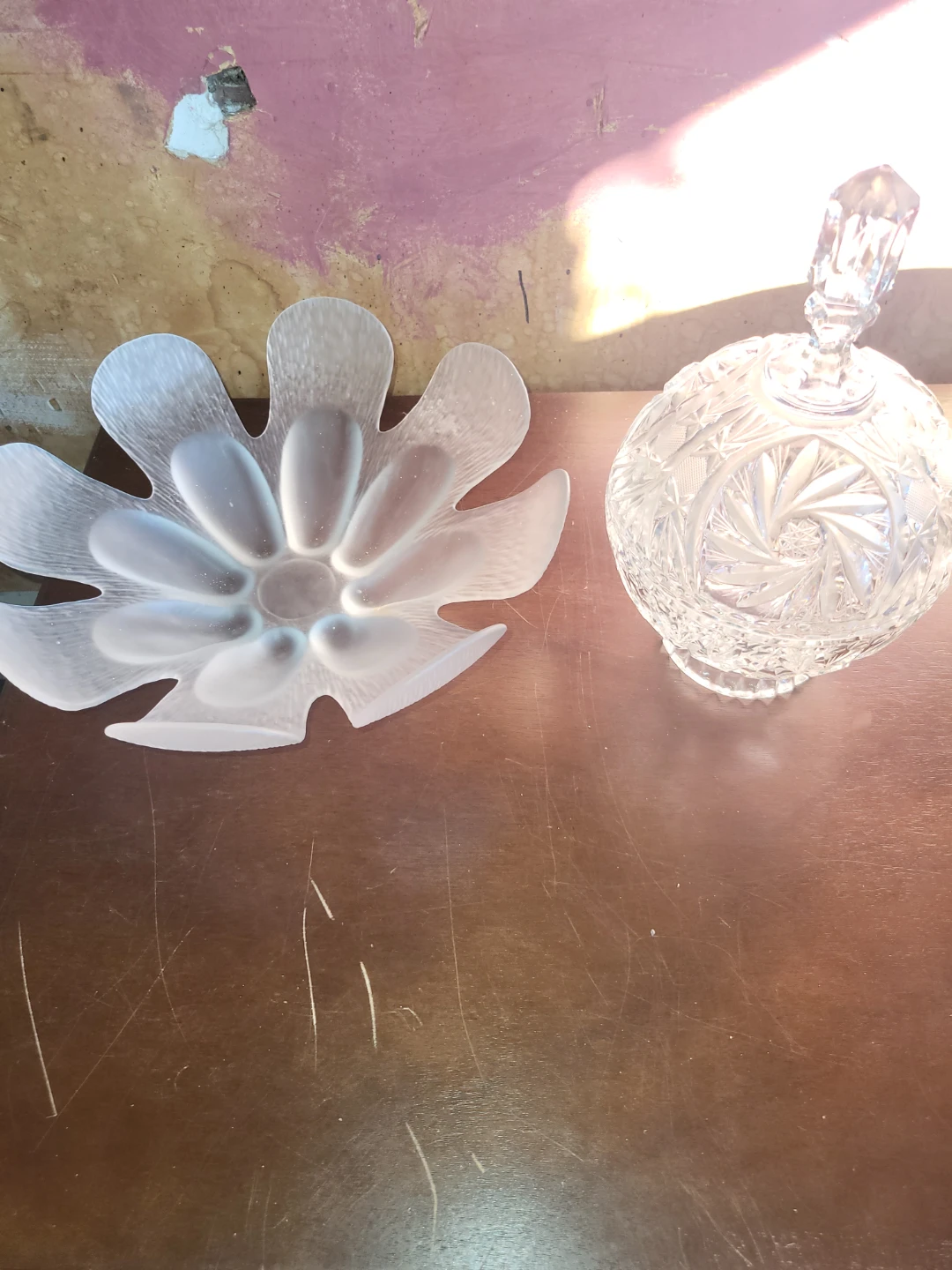 Frosted Flower Bowl and Cut Glass Covered Dish