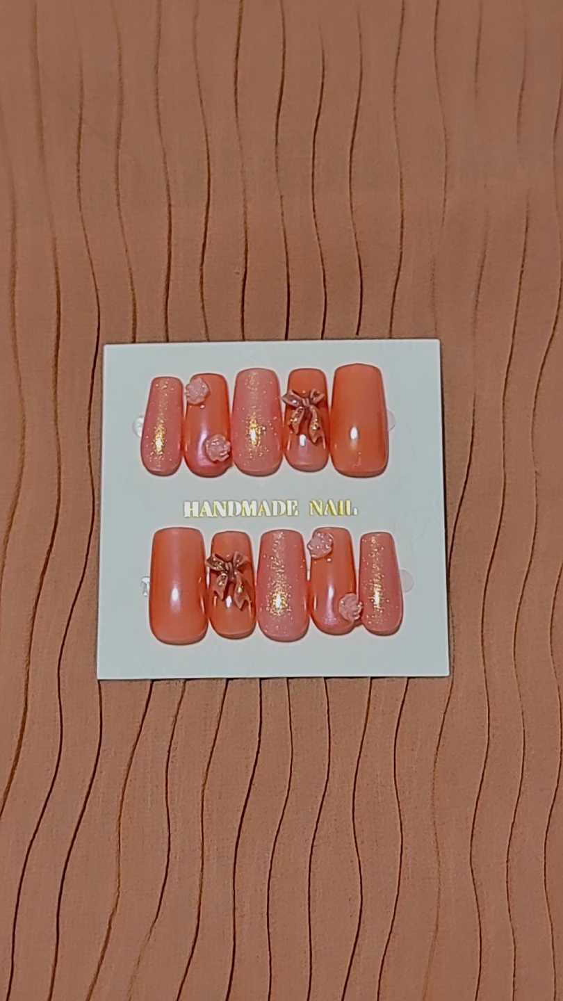 Handmade Peach Press-On Nails with Bows
