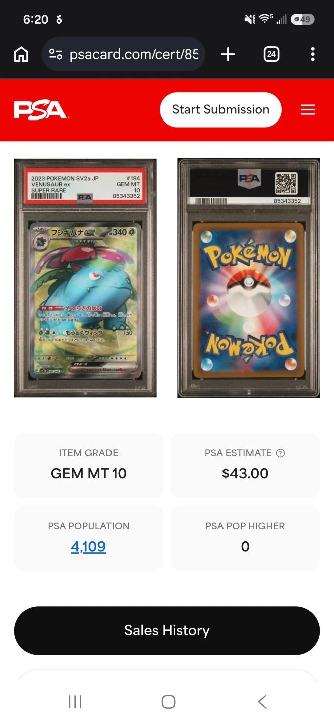 2023 Pokemon SV2a JP Venusaur ex PSA 10 Gem Mint Trading Card